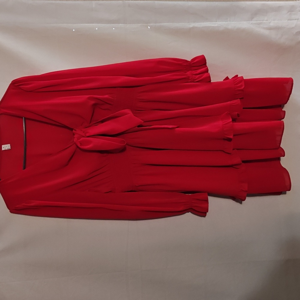 Red long sleeve holiday cocktail party dress - Picture 3 of 5